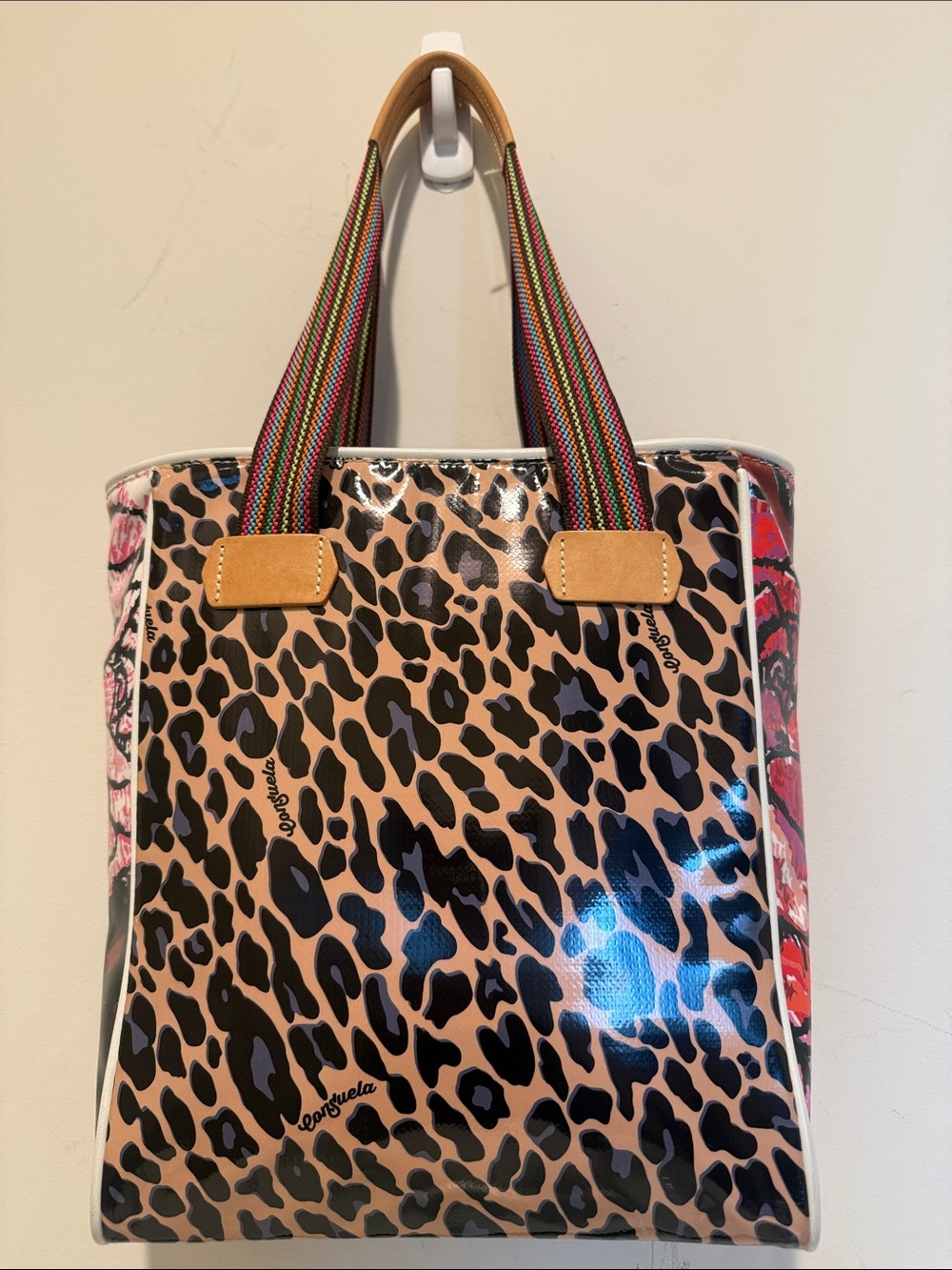 Consuela Leopard Print Tote with Multicolor Straps